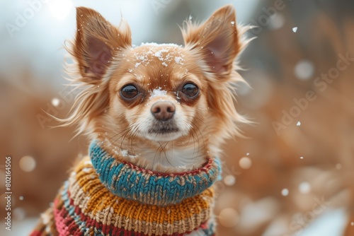 Portrait of a cute chihuahua dog in a knitted sweater outdoor in winter.