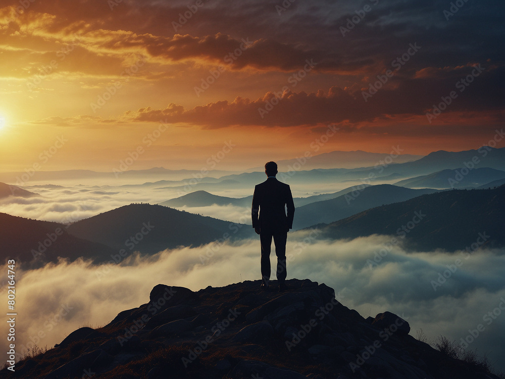 Corporate Conquest, Silhouetted Businessman Achieving Success on Mountain Summit at Sunset