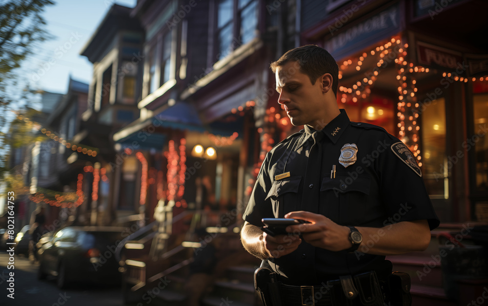 Police officer standing in front of building looking at cell phone. Generative AI Police officer standing in front of building looking at cell phone. Generative AI