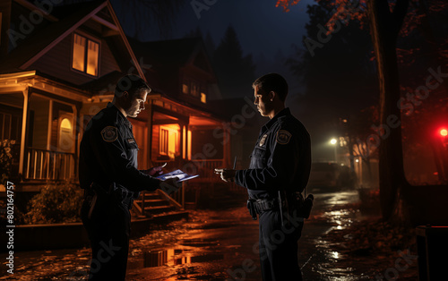 Two police officers standing in front of house at night. Generative AI