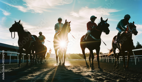 horses and their jockeys are competing on the racetrack, exciting horse racing concept. 