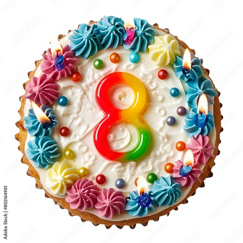 Cake Birthday Celebration with Number ''8'' Candles isolated on a transparent background
