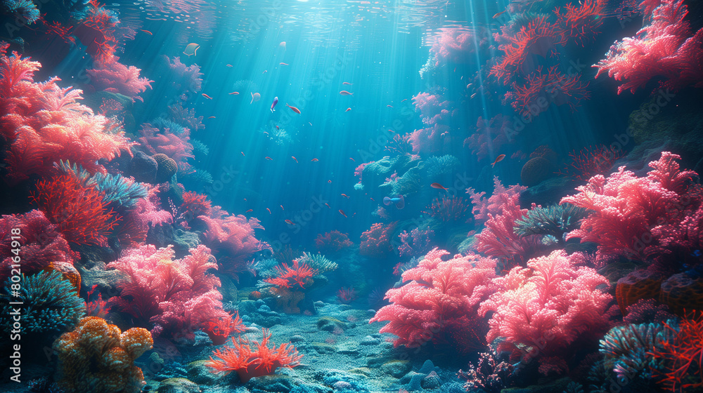 Naklejka premium Vibrant underwater scene with corals and seaweed. Generative AI