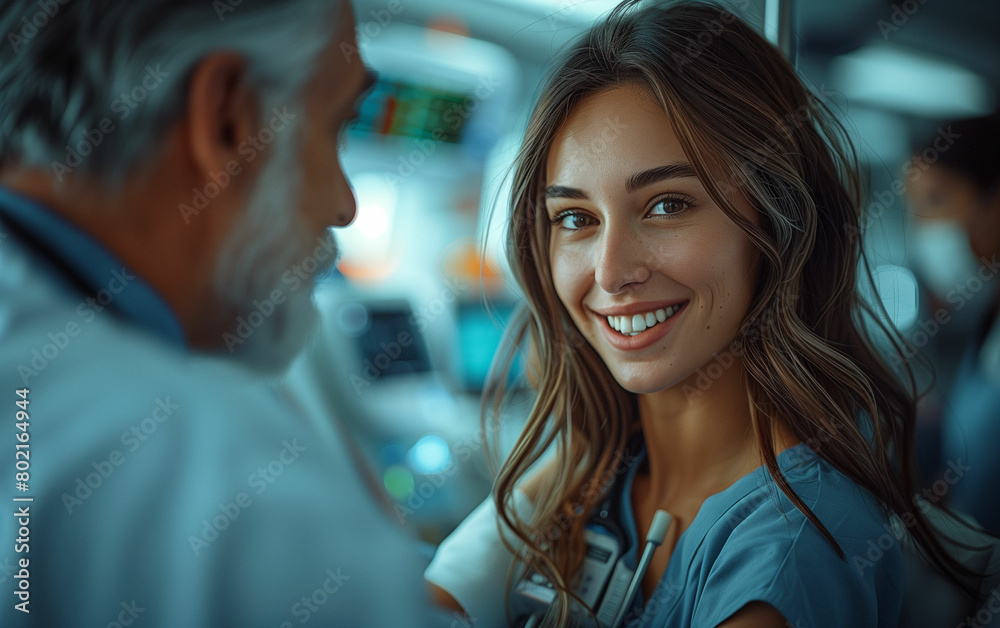 Fototapeta premium Woman smiling and talking to man. Generative AI