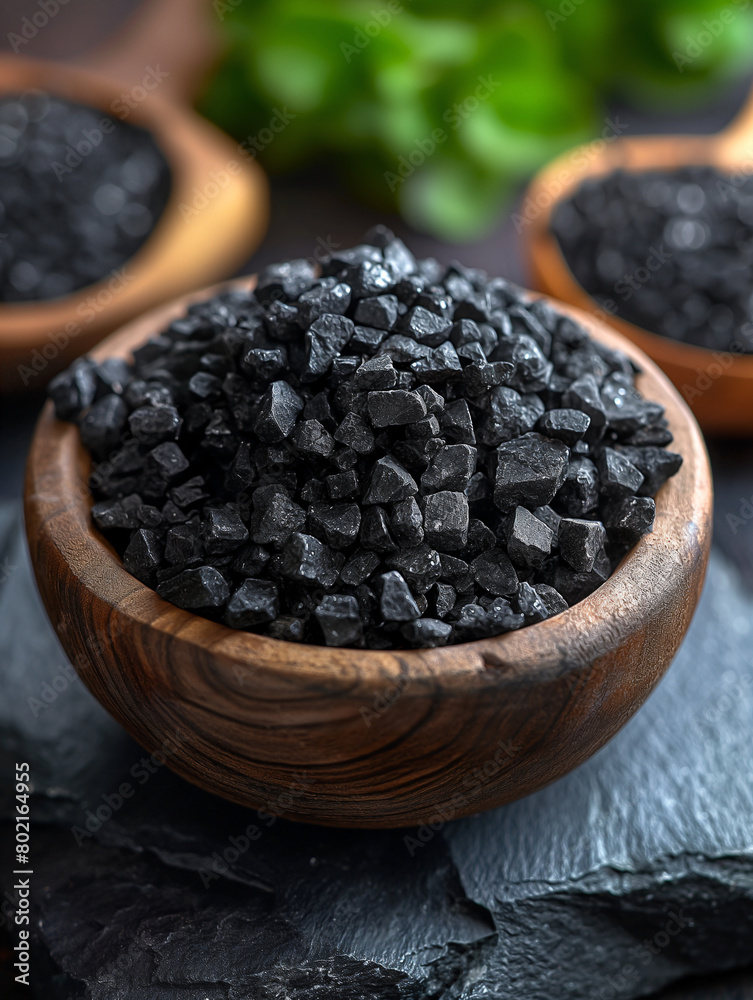 a bowl of Black salt on stone table , a bowl of Black salt on stone table ,