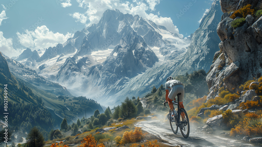 Fototapeta premium Man cycling down dirt road. Generative AI