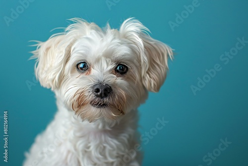 Cute Maltese dog on a blue background, Close-up