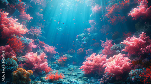 Vibrant underwater scene with corals and seaweed. Generative AI © MikeLegend