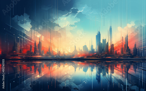 Cityscape painting with water reflection. Generative AI