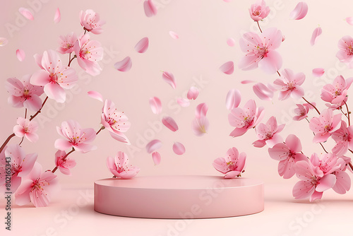 Podium with flowers on a romantic background of clouds. Pastel and pink colors.