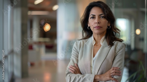Portrait of mature female boss inside office building, successful hispanic woman looking serious at camera with crossed arms, businesswoman confident
