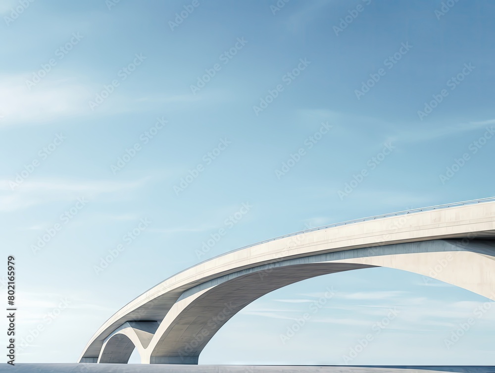 Concrete bridge engineering, diagonal composition, strong lines against blue sky, banner format