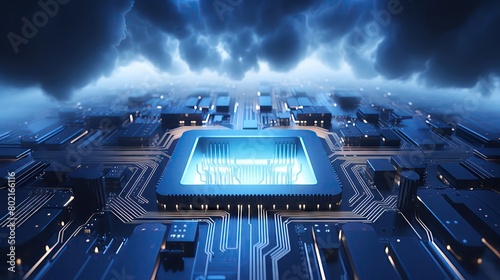 Central processing unit for cloud storage, illuminated pathways, tech banner with copy space