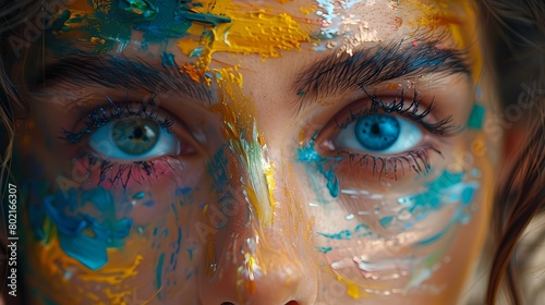 A close-up image of a girl with a paintbrush, creating a masterpiece, on a solid background.