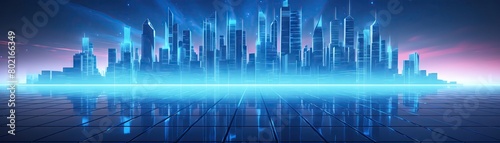 Abstract neon grid landscape, cyber city concept, futuristic skyline, wide banner format photo