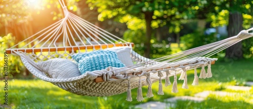 Close-up of a hammock swaying gently in a breezy garden, epitome of relaxation