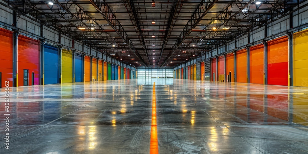 Fototapeta premium Wide angle view of an empty warehouse with high ceilings, adorned in vibrant orange and blue colors.