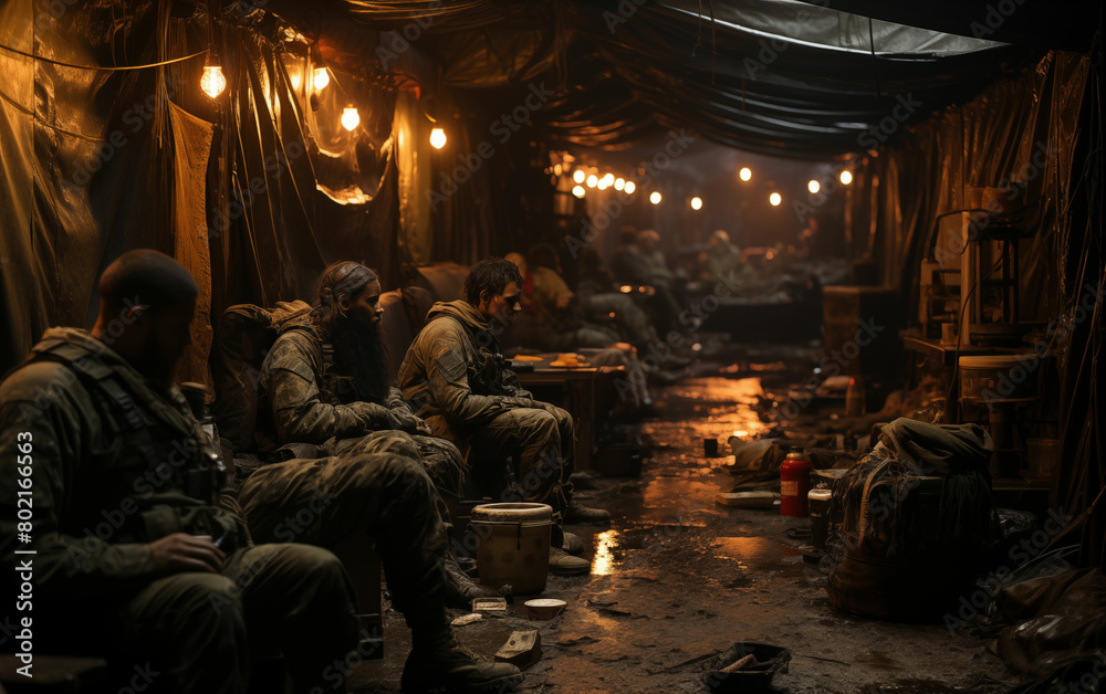 Obraz premium Group of soldiers sitting in a room. Generative AI