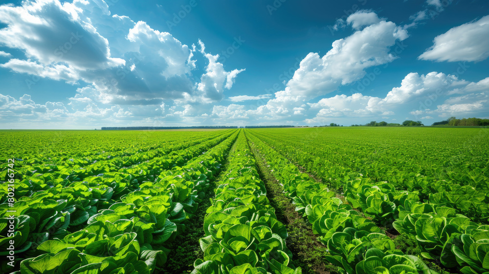 A lush lettuce field under a clear blue sky