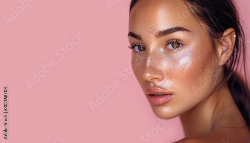 Portrait of young woman with beautiful skin on pink background. Concept of make-up, cosmetics, skin care, woman beauty center, plastic surgery, aging. Copy space for text, message, advertising, logo