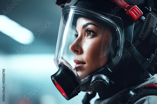 Professional woman in safety gear, manage, factory, operation, tech, industry, banner, schedule, oversight, assembly, guideline, compliance, workforce, system, robotic, production photo