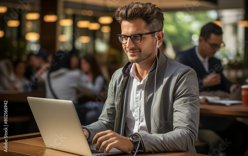 Man working on laptop at cafe table. Generative AI