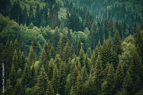 Aerial view of evergreen coniferous forest in the mountains