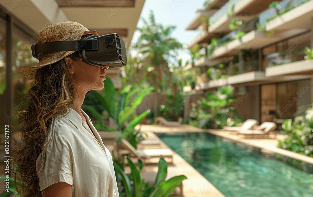 Woman using virtual reality headset by pool. Generative AI