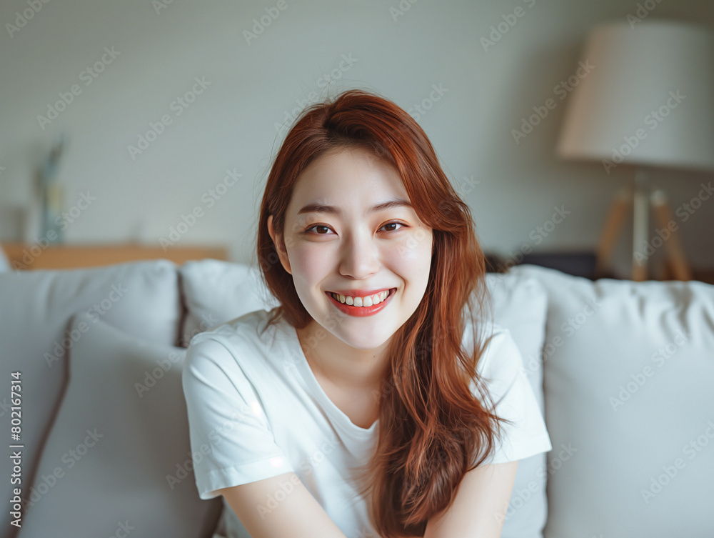 life style , living room,off day, lazy, an Asian woman wearing white short sleeves and smiling happily sitting on the sofa in her living room at home life style , living room,off day, lazy, an Asian woman wearing white short sleeves and smiling happily sitting on the sofa in her living room at home