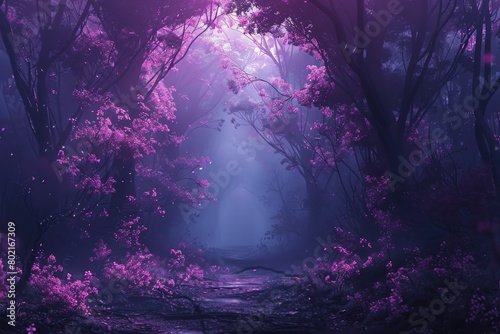 A dark purple forest with a path leading through it. The trees are bare  but there are some purple flowers on the bushes. There is a bright light coming from the end of the path.