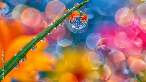 A dewdrop on a blade of grass, reflecting a flower. The background is a colorful blur of light. photo