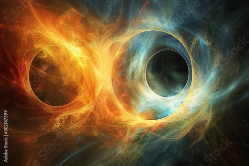 a digital painting of two glowing orbs of fire and ice