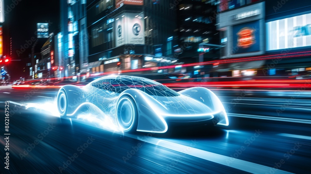 A futuristic sports car drives through a city at night. The car is white and blue, with a sleek design. The city is full of tall buildings and bright lights. The car is moving very fast, and the light