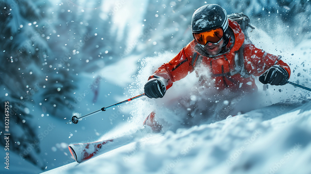 Man skiing down snow covered slope. Generative AI