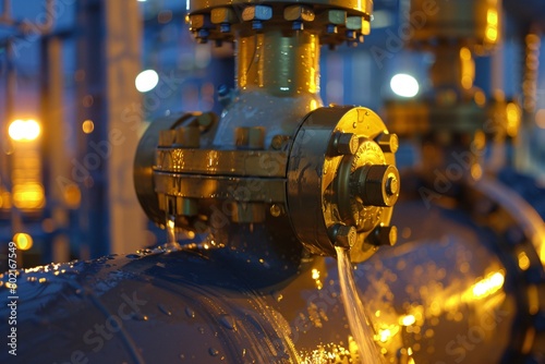 Industrial Water Dynamics. Water pump valves glisten under the harsh lights of a power substation. vital arteries of the industrial estate's lifeblood.