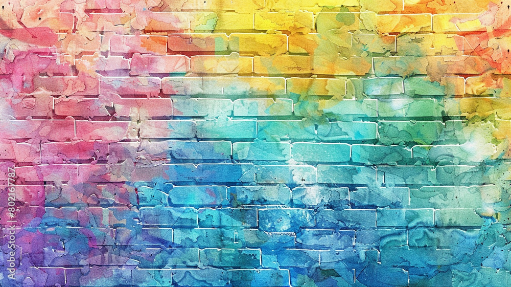 Fototapeta premium Colorful rainbow watercolor brick wall background. Vibrant rainbow colors. Beautiful colorful brick wall with copy space for design