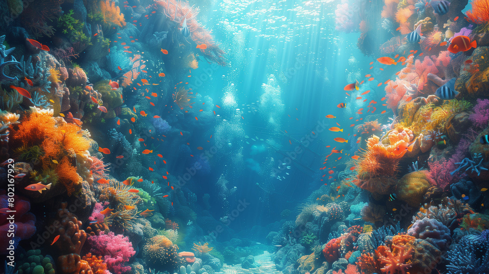Vibrant underwater scene of a coral reef with abundant fish. Generative AI