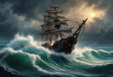 AI generated illustration of fantasy realism combines to create a Spanish Galleon in stormy seas