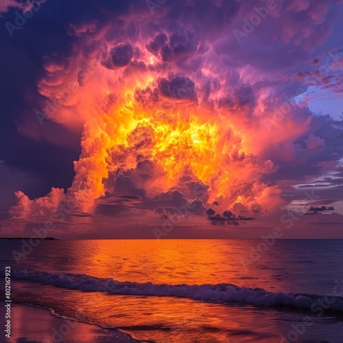 A large, colorful storm cloud looms over the ocean. The waves are crashing against the shore.