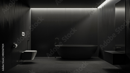 A black bathroom with a black bathtub and a toilet. The bathroom is very dark and the only light source is coming from the ceiling