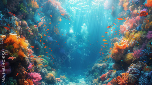 Vibrant underwater scene of a coral reef with abundant fish. Generative AI