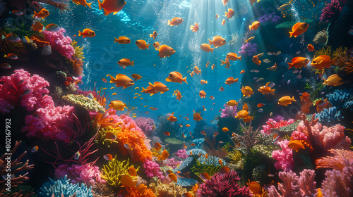 School of fish swimming over vibrant coral reef. Generative AI