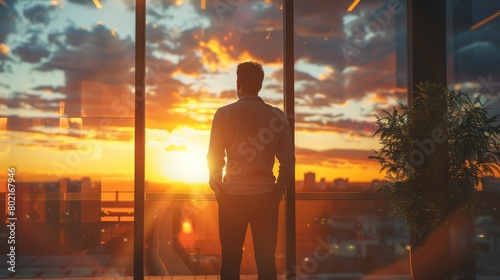 Young businessman stands in a modern office looking at the sunset through a window, with a rear view and blurred background, in the style of a copy space concept