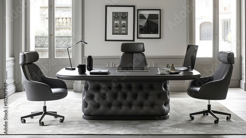 A large, luxurious office with a black leather desk, matching chairs, and dark wood floors.