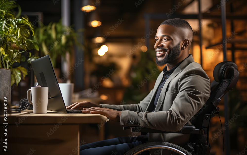 Man in wheelchair using laptop computer. Generative AI Man in wheelchair using laptop computer. Generative AI