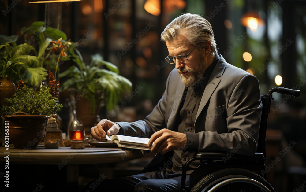 Man in wheelchair reading book. Generative AI Man in wheelchair reading book. Generative AI