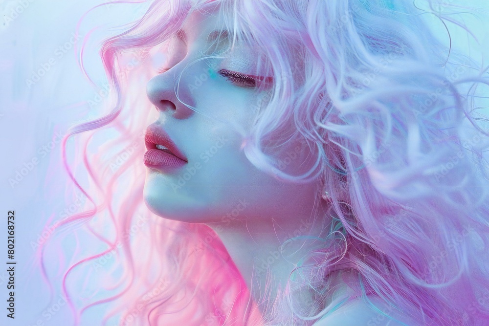 Beautiful girl with pink hair and blue make-up in studio
