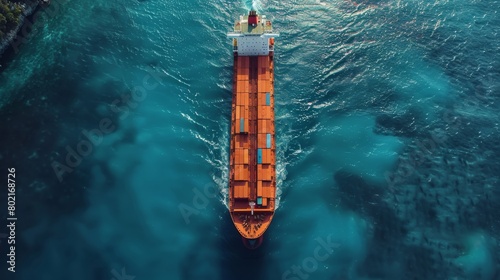 Aerial drone photo of huge container tanker ship carrying truck size colourful containers in deep blue open ocean sea.
