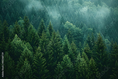 Foggy morning in the coniferous forest in summer photo