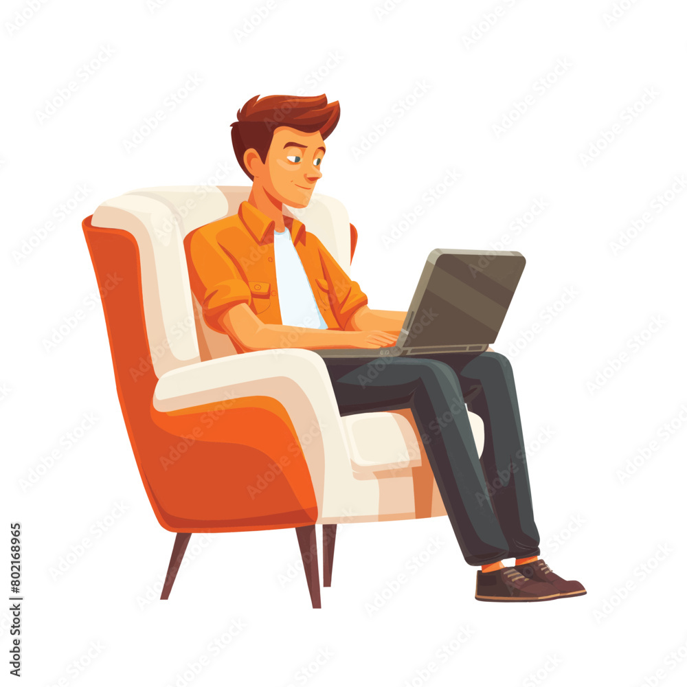 A man is sitting in an armchair with a laptop, a flat illustration isolated on a white background A man is sitting in an armchair with a laptop, a flat illustration isolated on a white background
